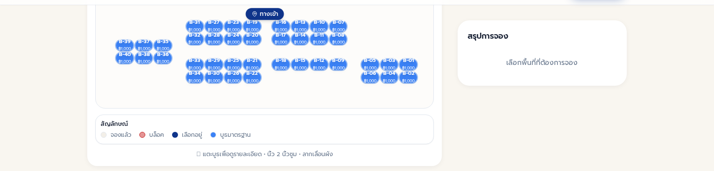 ผังล็อกออนไลน์ของ PopSpace แสดงบูธว่างและบูธที่ถูกจองแล้วพร้อมราคา